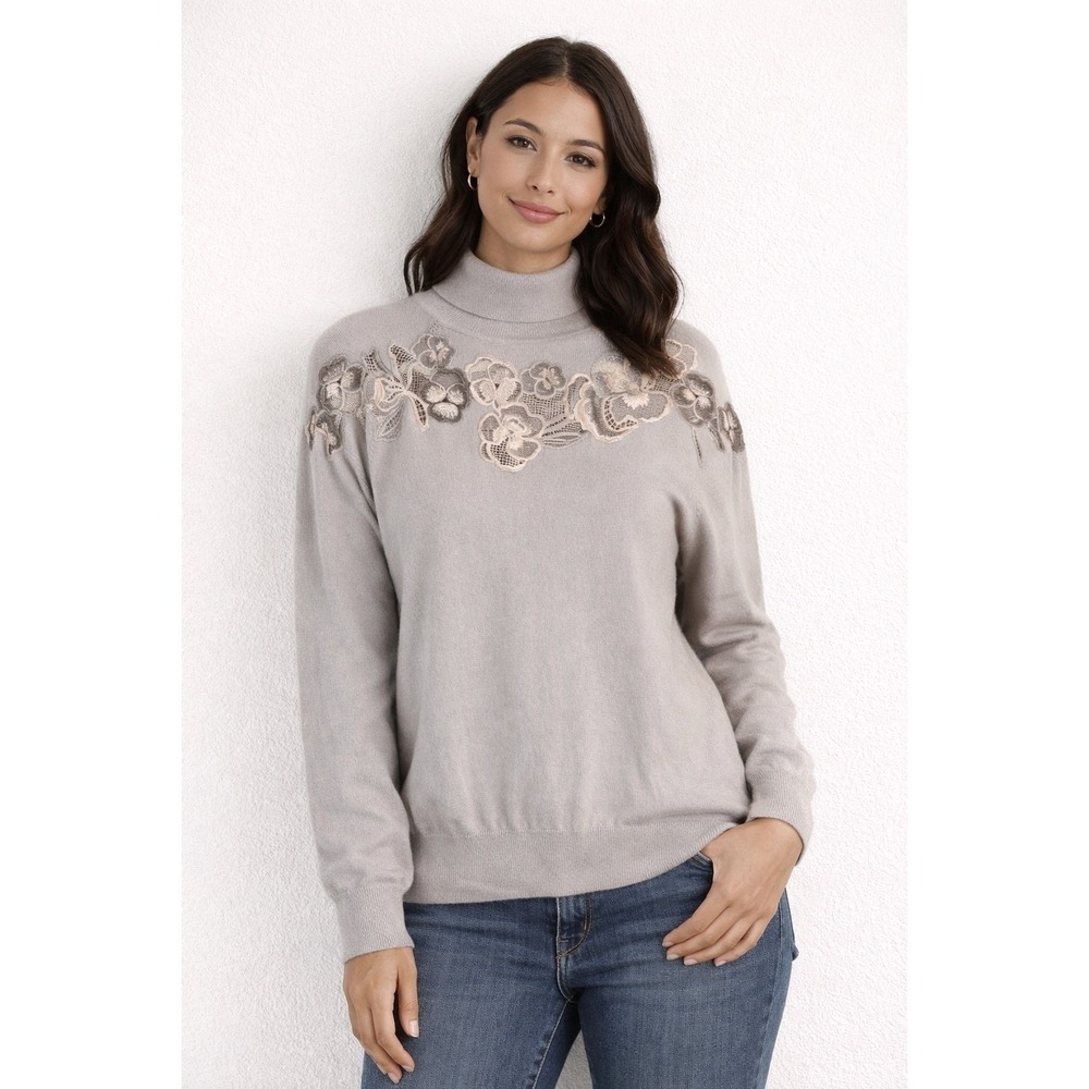 Reiss Gray Floral Lace Applique Wool Blend Turtleneck Sweater Size S